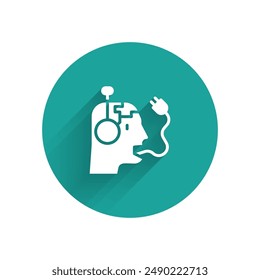 White Robot charging battery icon isolated with long shadow. Artificial intelligence, machine learning, cloud computing. Green circle button. Vector