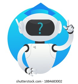 Un robot blanco ayuda en un chat con un gorro académico cuadrado responde a preguntas. Bot de chat de asistencia al cliente. Un robot con un signo de interrogación en la pantalla. Ilustración vectorial plana, RPA