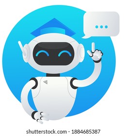White robot chat bot helper in square academic cap with dialogue bubble. Customer support chat bot. Happy robot flat vector illustration