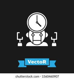 White Robot and digital time manager icon isolated on black background. Time management assistance, workflow optimization help.  Vector Illustration