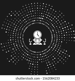 White Robot And Digital Time Manager Icon Isolated On Grey Background. Time Management Assistance, Workflow Optimization Help. Abstract Circle Random Dots. Vector Illustration