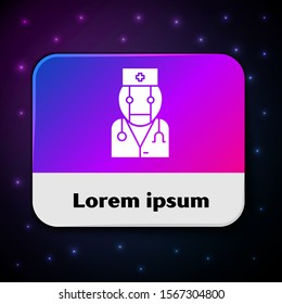 White Robot doctor icon isolated on black background. Medical online consultation robotic silhouette artificial intelligence. Rectangle color button. Vector Illustration