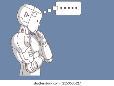The white robot is doing a thoughtful gesture, analyzing the data,isolated on blue background,illustration