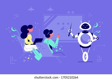 White robot explain lecture with pointer vector illustration. Student with laptop flat style. Future technologies and knowledge concept. Isolated on blue background