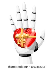 White robot hand or robotic arm for prosthetics holds a gift in the form of a heart with a gold bow vector illustration isolated on white background website page and mobile app design