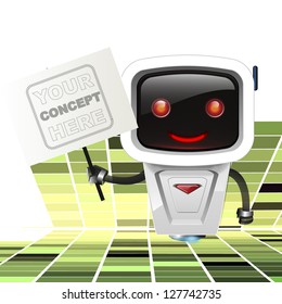 white robot holding a post to place your concept over technology abstract background