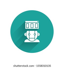 White Robot icon isolated with long shadow. Green circle button. Vector Illustration