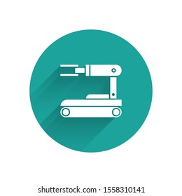 White Robot icon isolated with long shadow. Green circle button. Vector Illustration