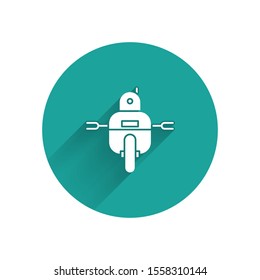 White Robot icon isolated with long shadow. Green circle button. Vector Illustration