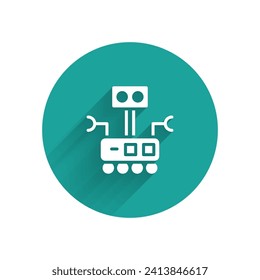 White Robot icon isolated with long shadow. Artificial intelligence, machine learning, cloud computing. Green circle button. Vector
