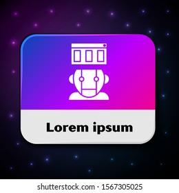 White Robot icon isolated on black background. Rectangle color button. Vector Illustration