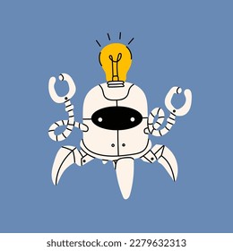 White Robot looks like crab with yellow bulb. Cute artificial robotic character. Hand drawn Vector illustration. Futuristic retro android. Cartoon style. Isolated design element. Good idea concept