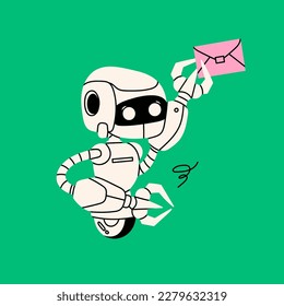 Robot blanco en monocascos cargando el correo. Carácter robótico artificial lindo. Ilustración de vectores dibujada a mano. androide retro futurista. Estilo de caricatura. Elemento de diseño aislado. Entrega, concepto postal