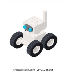 White robot on wheels in isometry. Vector