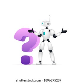White robot with a question mark. The robot makes a helpless gesture against the background of a question mark. Vector.