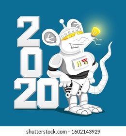 White robot rat on a blue background symbol of the new year.