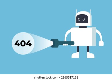 A White Robot Searching For A 404 Error With A Torch Light. 404 Page Not Found Error Concept With A Robot Flat Design Vector. System Finding 404 Error With A Big Torch Light On A Blue Background.