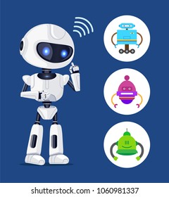 White robot sending radio waves, colorful banner, vector illustration, communicative process, white circles, flying droids, robot on three wheels