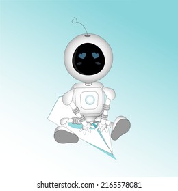 White robot sitting on paper airplane. Chat bot character.
