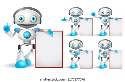 White robot vector character set standing while holding empty white board with different hand gestures for design presentation. vector illustration.
