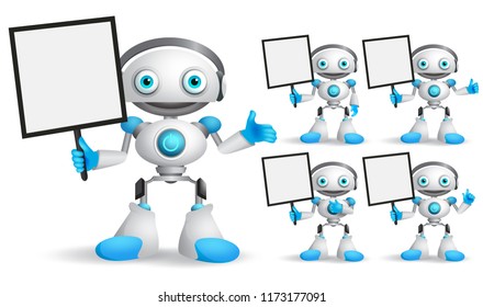 White robot vector character set standing while holding blank placard for text and technology information for design presentation. Android mascot vector illustration.
