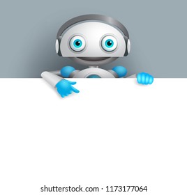 White robot vector character showing empty white board for text and information. Android mascot vector illustration pointing white space for design presentation.
