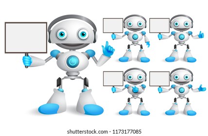 White robot vector characters set talking while holding empty placard for text and technology information for design presentations. Friendly android vector illustration.

