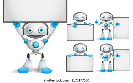 White robot vector characters set standing and holding empty blank white board while talking for business technology related design presentation elements. Android cyborg vector illustration.
