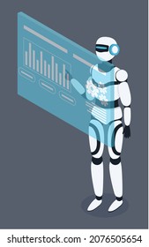 White robot vector illustration standing full length near futuristic digital hologram board. Science machine in human body form with electronic computer control. Cyborg alien with luminous element