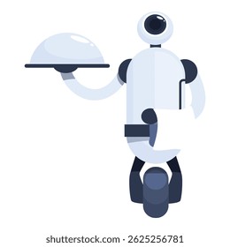 White robot waiter character holding silver cloche serving tray riding on self balancing platform