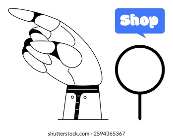 A white robotic hand with black sleeve pointing towards magnifying glass with blue shop sign. Ideal for shopping, searching, online stores, retail marketing, and advertising. Ai search