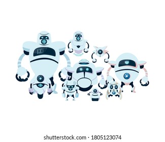 white robots cartoons of robotic technology futuristic toy future machine cyborg science android and fiction theme Vector illustration