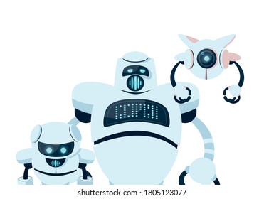 white robots cartoons of robotic technology futuristic toy future machine cyborg science android and fiction theme Vector illustration