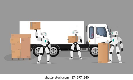 White robots holds boxes. Futuristic robots load boxes in a truck. The concept of future supplies, artificial intelligence and technology. Isolated. Vector