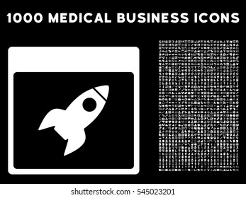 White Rocket Calendar Page vector icon with 1000 medical business pictograms. Set style is flat symbols, white color, black background.