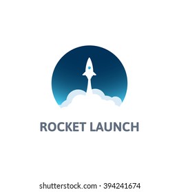 White rocket with cloud and blue sky, circle icon in flat style, conceptual of start up new business project, take off of a business or project or extraterrestrial travel vector illustration