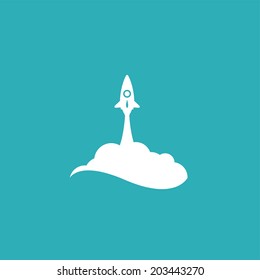 White rocket and cloud, icon in flat style isolated on blue background, conceptual of start up new business project, take off of a business or project or extraterrestrial travel vector illustration