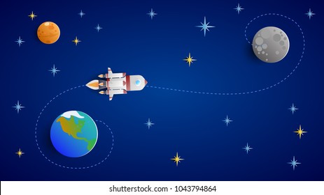 A white rocket flies to the moon. Blue sky with stars and planets.