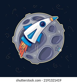 A white rocket flies in space past the planet
