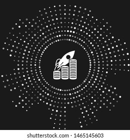 White Rocket flying up on coins growth chart icon isolated on grey background. Graph that shows increase in sales. Abstract circle random dots. Vector Illustration