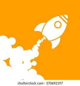 white rocket icon with clouds on an orange background - vector illustration