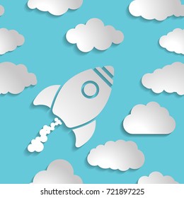 white rocket icon with clouds on a blue air background - vector seamless background illustration  