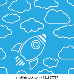 white rocket icon with clouds on a blue air background - vector seamless background illustration  