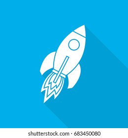 White rocket icon in flat design. Vector illustration. Symbol of rocket with long shadow on blue background.