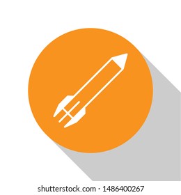 White Rocket icon isolated on white background. Orange circle button. Vector Illustration