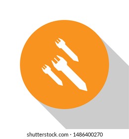 White Rocket icon isolated on white background. Orange circle button. Vector Illustration