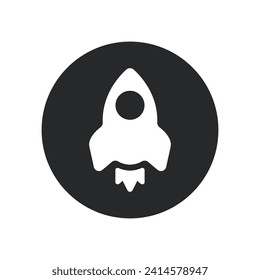 White rocket icon on black round background, flat, web, vector