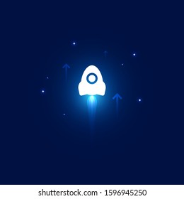 White rocket with jet move forward on dark blue space and up arrows startup business growth concept