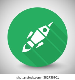 White Rocket Launch icon with long shadow on green circle