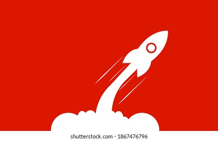 White rocket launch isolated on red background. Minimalistic background design. Startup launch rockets vector illustration